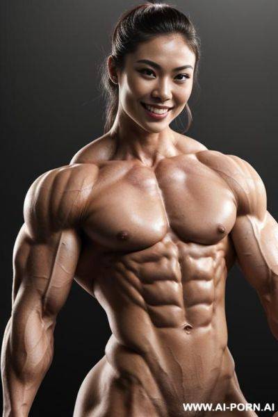 (muscle lab background), closeup view exaggarating muscle size and definition, (naked), (nude), ((1 woman only)), (white pallid skin). hard & pallid, ((very beautiful japanese womans face with high - ai-porn.ai - Japan on pornintellect.com