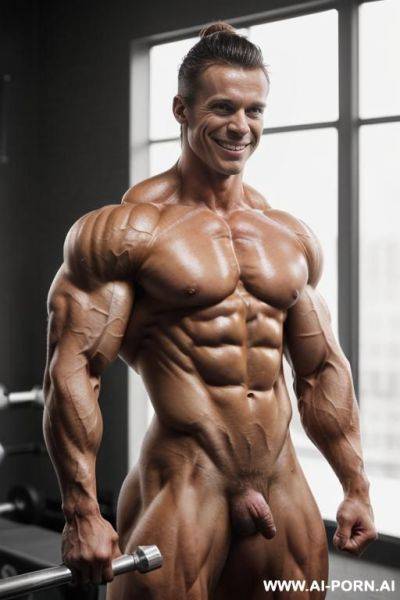 (muscle lab background), closeup view exaggarating muscle size and definition, (naked), (nude), ((most muscular woman only)), (white pallid skin). hard & pallid, ((extremely beautiful womans face with - ai-porn.ai on pornintellect.com