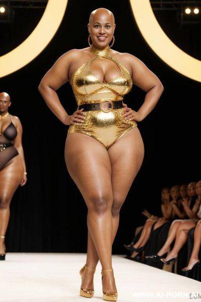 Very fat naked bbw, at fashion show, bald head, golden crown, elry, golden high heels, golden waist belt, standing with spead legs - ai-porn.ai on pornintellect.com