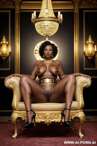 Extreme fat naked bbw, bald head, golden crown, golden elry, golden high heels, golden waist belt, showing pussy - ai-porn.ai on pornintellect.com