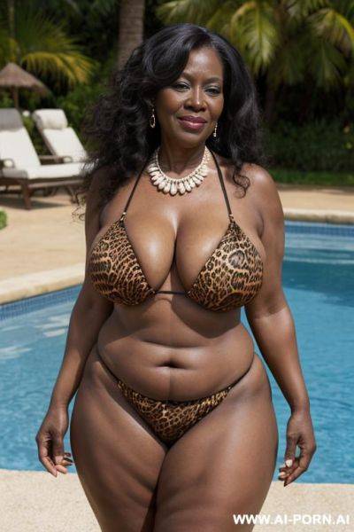 African matured old milf, wrinkles, wrinkled skin, aging marks, saggy old boobs, animal print hooker bikini, very long strong voluminous hair, necklace, elries, perfect eyes, waist shot, swimming pool - ai-porn.ai on pornintellect.com