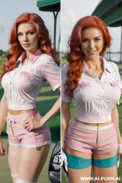 (((enormous perfect natural tits))); (((((((pink shorts, white shirt))))))); ((((((golf driving range))))); beautiful green eyes, athletic, ((((seductive loving perfect face)))), (masterpiece), best quality, - ai-porn.ai on pornintellect.com