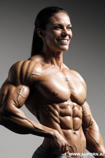 (gray background), closeup view exaggarating muscle size and definition, (naked), (nude), (most muscular woman only), ((white pallid skin)). hard & pallid, ((extremely beautiful gaunt womans face with - ai-porn.ai on pornintellect.com