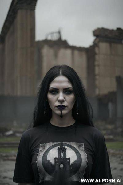 (((gothic style, very beautiful face))) (((big black t-shirt, oversized t-shirt))) (((dark gloomy ruins of a city in the background, a ruined gray city, gloomy surroundings))) (((0s action movie style photos))) - ai-porn.ai on pornintellect.com