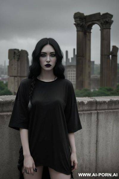 (((gothic style, very beautiful face))) (((big black t-shirt, oversized t-shirt))) (((dark gloomy ruins of a city in the background, a ruined gray city, gloomy surroundings))) - ai-porn.ai on pornintellect.com