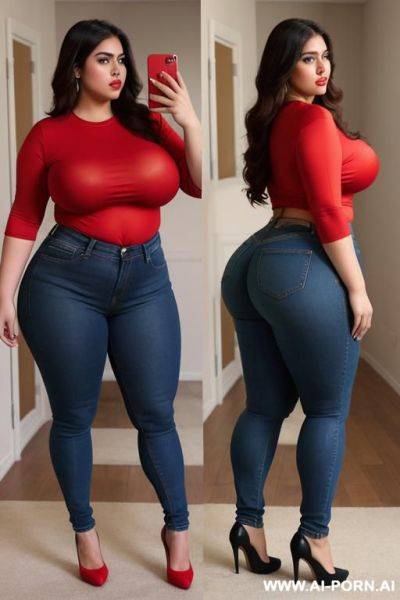 Very mexican, supermodel, pear shaped, high rise jeans, wide hips, tight red tshirt, thicc bbw - ai-porn.ai - Mexico on pornintellect.com