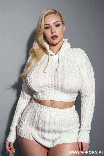 (hypnotic starring at the viewer, eye contact), (thick plump body), (((limewhite skin))), (((wide hips))), ((enormous narrow waist)), (((full lips))), (very massive oversized boobs), (((extremely long oversized pullover))) - ai-porn.ai on pornintellect.com