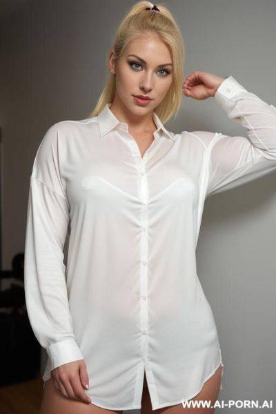 (hypnotic starring at the viewer, eye contact), (thick plump body), (((limewhite skin))), ((wide hips)), ((enormous narrow waist)), (((full lips))), (((extremely long oversized shirt, huge shirt, long sleeved))), (((biceps, muscles))) - ai-porn.ai on pornintellect.com