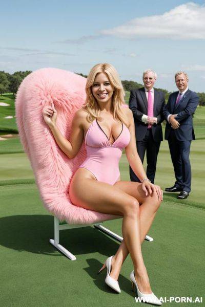 Blonde womanager with tails wearing pink fluffy swimsuit smiling on golf course sitting on a businessmen lap surrounded by businessmen - ai-porn.ai on pornintellect.com