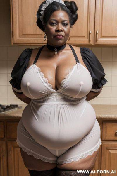 Obese matured very old black gilf, very fat, very large hips, very plump, extra thicc, wrinkles, wrinkled skin, aging marks, hair bun, french maid outfit, french maid, maid, soubrette, extremely gigantic boobs, choker, perfect eyes, kitchen, waist shot - ai-porn.ai - France on pornintellect.com