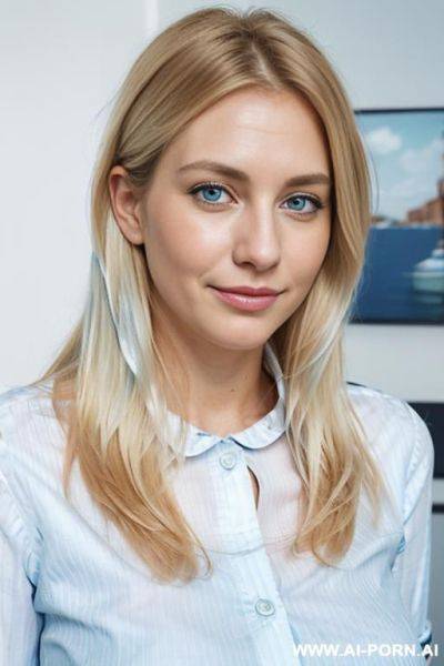 Striped (light blue and white) office shirt, white jeans - ai-porn.ai on pornintellect.com