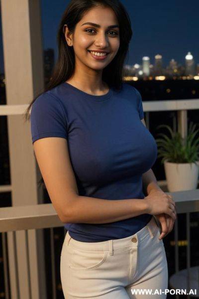 (crew neck shirt)), short sleeve crew neck blue shirt, balcony at a luxury hotel in manhattan, night time, lean, (photorealistic), (ultra detailed photo), (hyper realistic photo), (busty), ( mukerji ) - ai-porn.ai on pornintellect.com