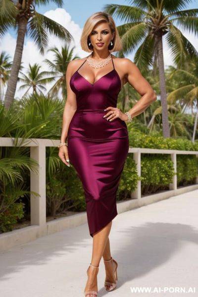 Beautiful milf, tanned skin, luxury milf cougar, earrings and necklace on, high heels on, realistisch photography image photo from a very luxury attrative sexy milf woman, glamour dark pink evening - ai-porn.ai on pornintellect.com