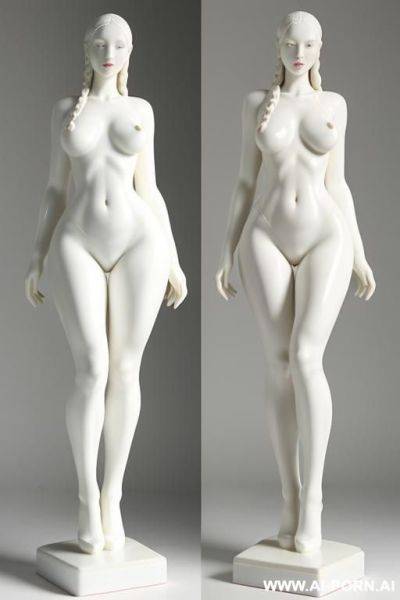 Porcelain white skin turned into statue, very fit hourglass figure standing naked, extremely wide hips fit waist, porcelain statue wide pelvis , wide inner gap between legs, very wide crotch-gap glimpse, full body head to toe - ai-porn.ai on pornintellect.com