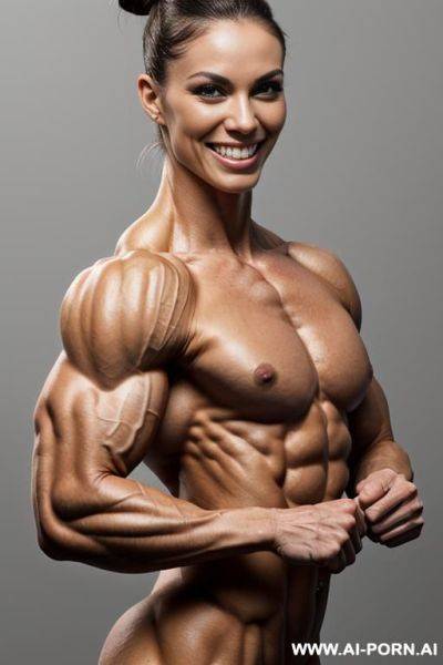 (gray background), view increasing muscle size and definition, (naked), (nude), (shortest most muscular woman only), (white pallid skin). hard & pallid, ((extremely beautiful gaunt womans face with - ai-porn.ai on pornintellect.com