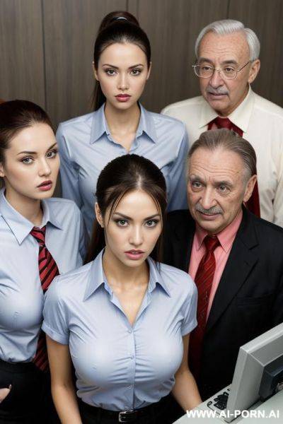 Looking down, dental braces, surrounded by old happy men - ai-porn.ai on pornintellect.com