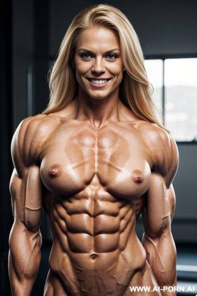 (svelte lean female bodybuilder champion), ((zero fat)), (((topless))), firm muscular nipples, very long light blonde hair, (short twenty year old bodybuilder), sinewy, muscular ass, muscular abs, ripped - ai-porn.ai on pornintellect.com