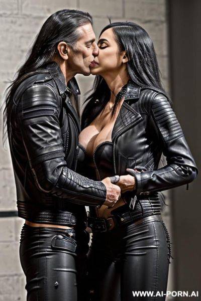 ((((latina)))) with ((((gigantic tits)))) and ((long hair)), ((no makeup)) (((((kissing a muscular older man))))) ((((tight black leather jacket)))) ((((tight black leather pants)))) - ai-porn.ai on pornintellect.com