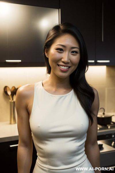 Sleeveless crew neck dress, modern mansion kitchen, night time, (photorealistic), (ultra detailed photo), (hyper realistic photo), ( dichen lachman ) - ai-porn.ai on pornintellect.com