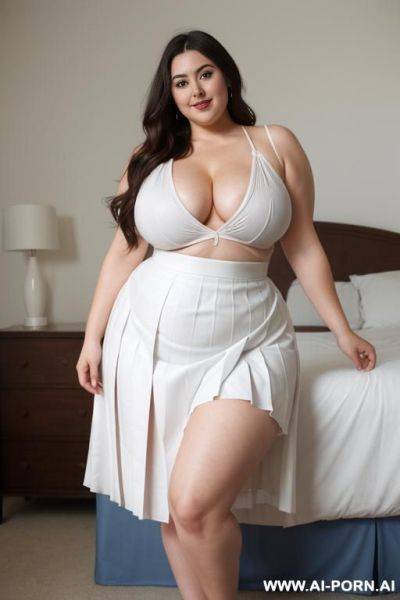 Slightly chubby, white shirt, low cut, natural boobs, blue pleated skirt, thicc thighs, seductive, bedroom, arms over head, standing up - ai-porn.ai on pornintellect.com