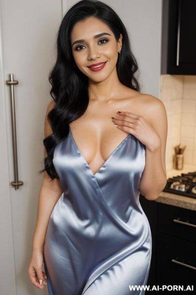 Satin nightgown , modern mansion kitchen, night time, (photorealistic), (ultra detailed photo), (hyper realistic photo), (asin ) (busty) - ai-porn.ai on pornintellect.com