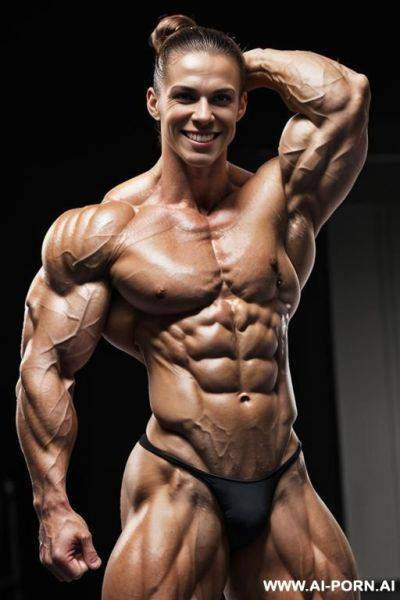 (nature background), (view increasing muscle size and definition), (naked), (nude), (((shortest most muscular woman))), (white pallid skin). hard & pallid, (((extremely beautiful gaunt womans face with - ai-porn.ai on pornintellect.com