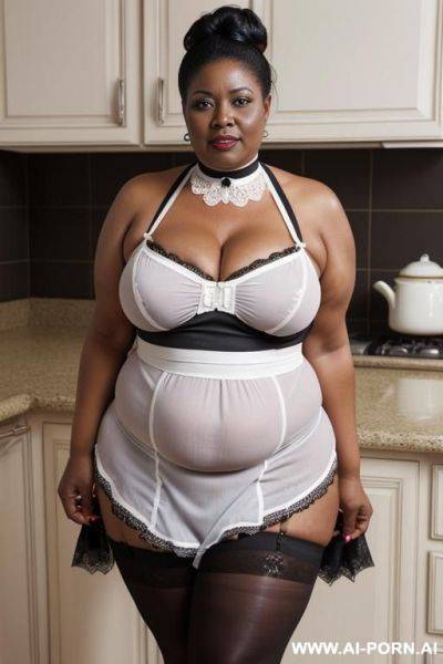 Obese matured very old black gilf, very fat, very large hips, very plump, extra thicc, wrinkles, wrinkled skin, aging marks, hair bun, french maid outfit, french maid, maid, soubrette, extremely gigantic boobs, choker, perfect eyes, kitchen, waist shot - ai-porn.ai - France on pornintellect.com