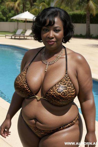 African matured old milf, wrinkles, wrinkled skin, aging marks, saggy old boobs, animal print hooker bikini, necklace, elries, perfect eyes, waist shot, swimming pool - ai-porn.ai on pornintellect.com