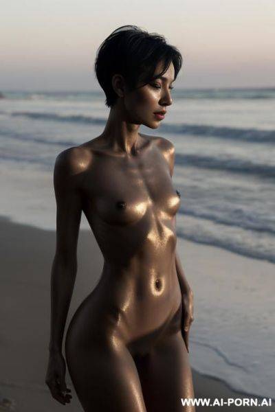 Latina, 2 yeears old, 1cm, topless, black short hair, on the beach - ai-porn.ai on pornintellect.com