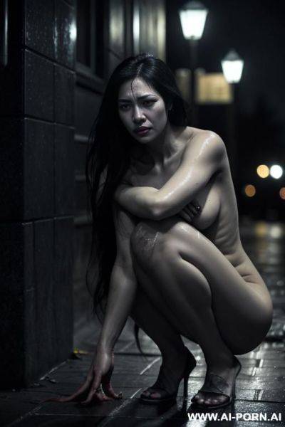 A beautiful woman in her mid-20s, alone on a cold, cracked sidewalk at night, under a dim streetlight. she is nearly unclothed, wearing only torn, mal clog, portraying the impact of extreme - ai-porn.ai on pornintellect.com