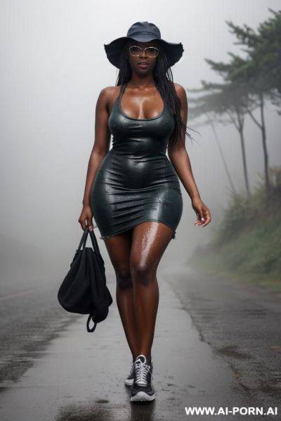 Wearing a bucket-hat, bell bottom jeans, skin-tight summer soft wool curvy torn dress and sneakers.very wet and oil soaked clothes, oil soaked summer curvy bohe dress. hole by long curvy bohe - ai-porn.ai on pornintellect.com