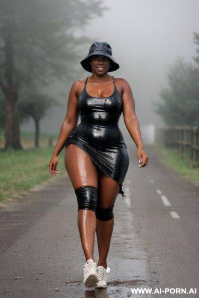 Wearing a bucket-hat, bell bottom jeans, skin-tight summer soft wool curvy bohe dress and sneakers.very wet and oil soaked clothes, oil soaked summer curvy bohe dress. hole by long curvy bohe - ai-porn.ai on pornintellect.com