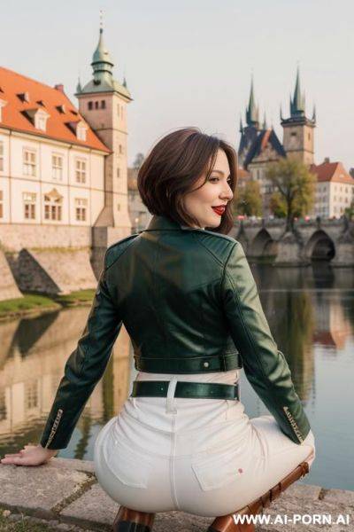 Beautiful woman, czech, blonde, long hair, blue leather jacket, white pants, black boots, brown belt, sunshine, standing in an old czech town, castle and river in background, eating an ice cream, red lips - ai-porn.ai - Czech Republic on pornintellect.com