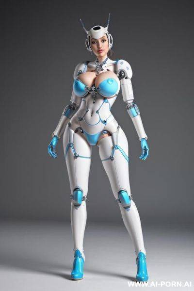 Beautiful realistic (( cetaur- schemale fully robotic meccanic body standing four legs)), detaleid face, total skin in latex white and skyblue plated color, covered to latex, to boots, to beautiful robotic hand hd image quality, ((no background)). - ai-porn.ai on pornintellect.com