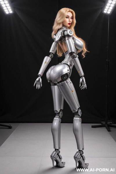 Sexbot, side view, full body view, standing, sticking out the ass, hands on spaceship control desk, looking at viewer, beautiful seductive human face with tanned silicone skin, long straight blonde - ai-porn.ai on pornintellect.com
