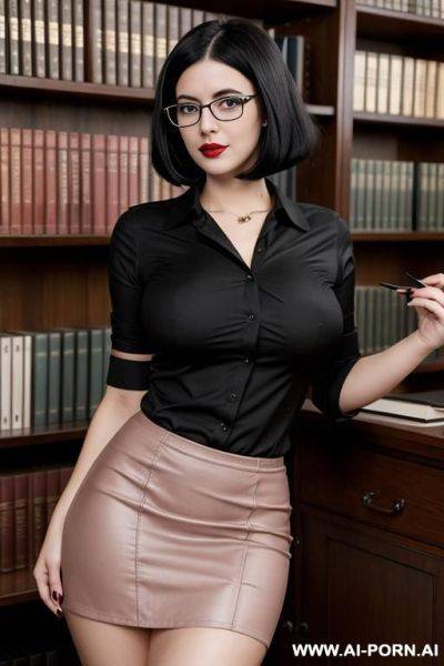 Cutie babe face, busty, dark hair, 10s style. vintage blouse. short skirt. thick, shorty, nerdy, nerd, glasses, short bob hairstyle. dark black bob, thick black glasses, rosebud painted lips, pink hairpin. caucasian. of average beauty. 155 cm. - ai-porn.ai on pornintellect.com
