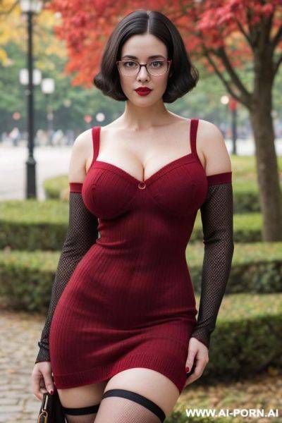 Babe face. 10s style. vintage red knitted dress with sleeves. red tights. nerdy. nerd. thick rimmed glasses. short bob hairstyle. dark hair. shorty. rosebud painted thick lips. hairpin. caucasian. average beauty. mid-beauty. round-faced. - ai-porn.ai on pornintellect.com
