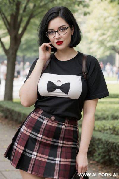 Babe face. 10s style. vintage graphic t-shirt. long plaid skirt. nerdy. nerd. thick rimmed glasses. short bob hairstyle. dark hair. shorty. rosebud painted thick lips. hairpin. caucasian. average beauty. mid-beauty. round-faced. - ai-porn.ai on pornintellect.com