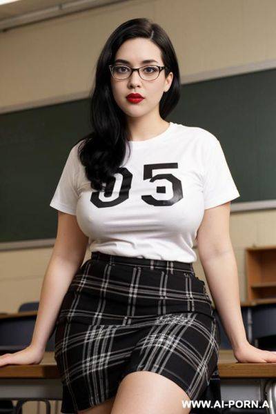 Babe face. 10s style. vintage graphic t-shirt. long plaid skirt. nerdy. nerd. thick rimmed glasses. short bob hairstyle. dark hair. shorty. rosebud painted thick lips. hairpin. caucasian. average beauty. mid-beauty. round-faced. curvy. - ai-porn.ai on pornintellect.com