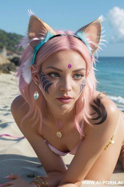 Face, ((sexy)), beautiful, ((face painting)), ((bikini as seashell)), ((tattoo roses)), ((cyan pink white)), ((diamond)), ((eyes shw)), ((gold)), ((angel goddess wings)), ((rainbow hair)), ((one rose in - ai-porn.ai on pornintellect.com