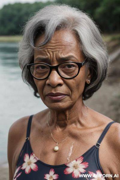 African grandmother, 5 yeards, with glasses , wearing a blue swimsuit with a floral print, in wood, near river - ai-porn.ai on pornintellect.com