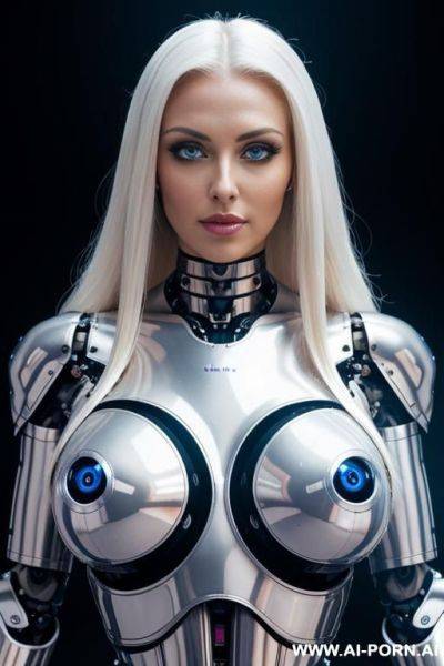 Robotic meccanics cyborg total artificial body woman with long platinum blonde hair and black glossy latex threads, glowing blue robotic eyes, and a light natural pink complexion. her body is - ai-porn.ai on pornintellect.com