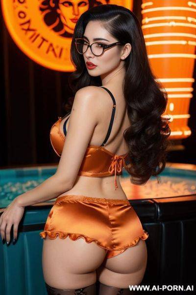 (kpop model), ((seductive)), ((sexy horny face)), ((arabic skin)), ((long bouffant voluminous brunette fluffy wavy slicked-back long hair)), ((orange satin crop top)), ((detailed erect nipples), ((orange - ai-porn.ai on pornintellect.com