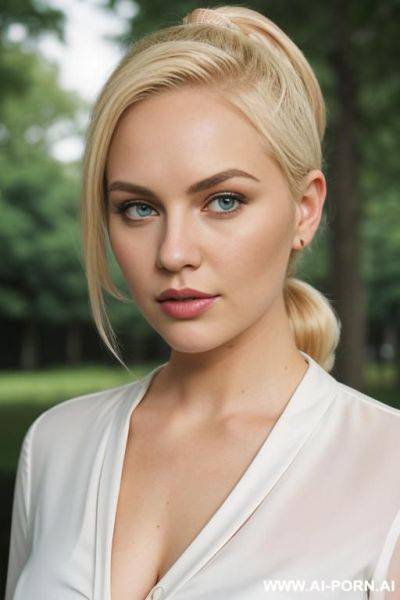 Cutie babe face. round-faced. curvy. white blouse over a black dress. short blonde hair. thick lips. - ai-porn.ai on pornintellect.com