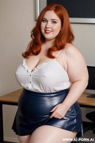 Close up full body photo shot, about at city street, chubby very ((very obese)) redhead fat bbw curvy, wearing a sexy and hot micro ruffle purple leather skirt, and elegant top, teaching to the classroom. ((dynamic angle)), perfect face - ai-porn.ai on pornintellect.com