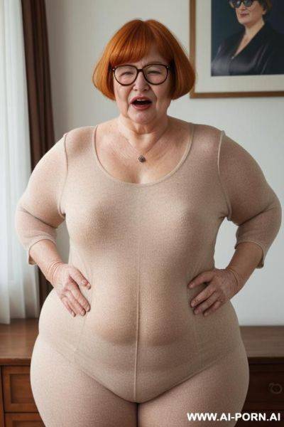 Old grandma bbw, fat lady, no shirt, no pant, not covering them, very huge hips, very humongous chest, wearing really tight clothes that go against the body, basically wearing nog, naked - ai-porn.ai on pornintellect.com