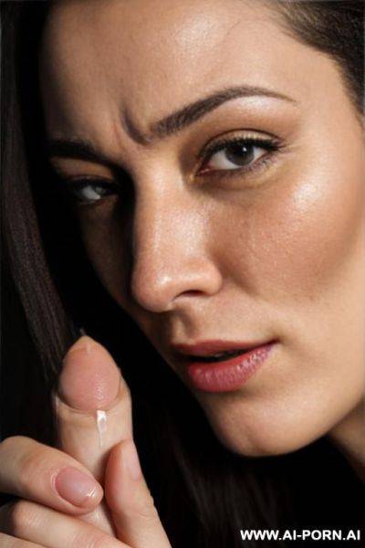 A naked woman holds a dick in her hand and her whole face in sperm - ai-porn.ai on pornintellect.com