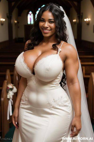Medium shot, high quality face, ((((massive breasts)))), ((thick arm muscles)), light skinned, 20 year old, wearing a bridal gown, smiling, hourglass body, ((very long wavy hair)), standing in a wedding chapel - ai-porn.ai on pornintellect.com