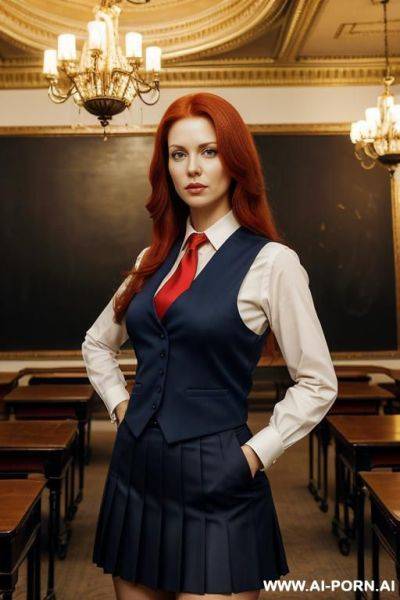 The image shows a woman with long, red hair, wearing a uniform consisting of a white shirt, navy blue vest, red tie, and matching pleated skirt. she stands with her arms crossed in a - ai-porn.ai on pornintellect.com