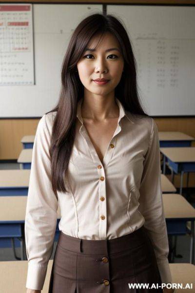Long and straight hair, (((unbuttoned all buttons to formed deep-v neckline))) - ai-porn.ai on pornintellect.com